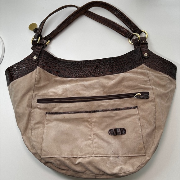 Brahmin Double Strap Brown Croc Embossed Leather Hobo Shoulder Bag Carryall - Picture 11 of 16